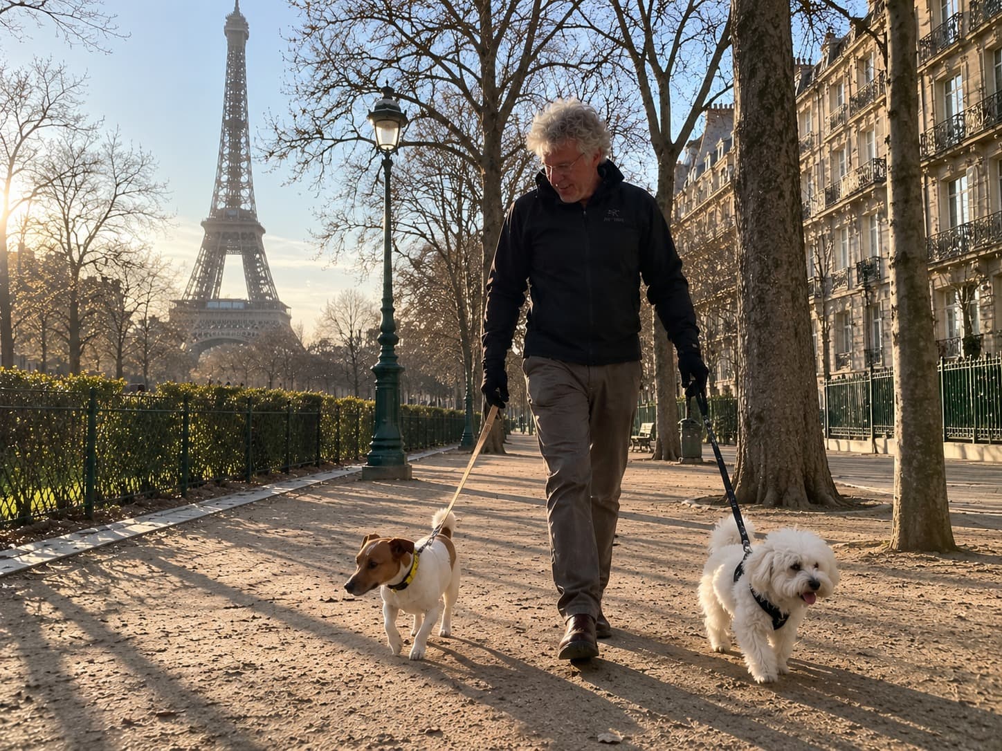 François promène Snoop et un autre chien près du Champ-de-Mars